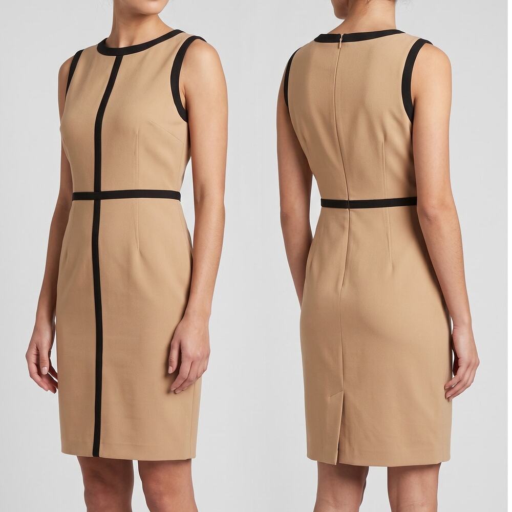 Calvin Klein Size 12 Sheath Sleeveless Dress Tan with Black Contrast Piping